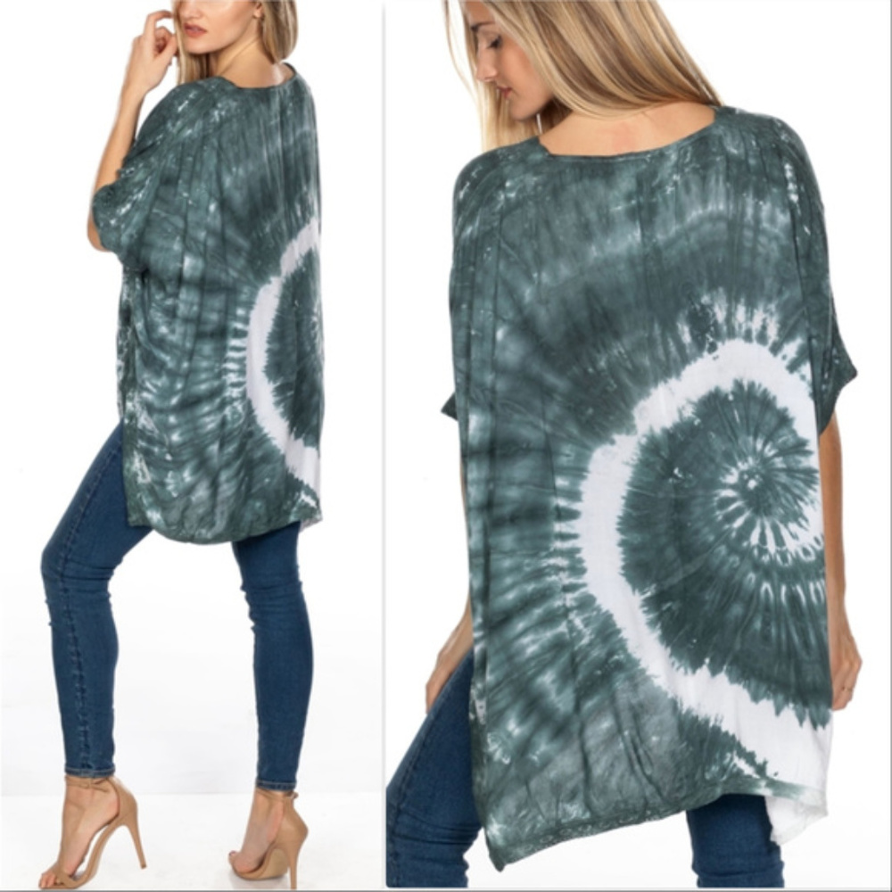 BOHO TEAL TIE-DYE PONCHO TUNIC TOP - Picture 3 of 4